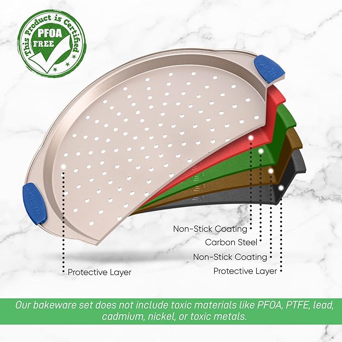 NutriChef 13-Inch Non-Stick Pizza Tray with Silicone Handle - Perforated Round Steel Pan, Dishwasher Safe - 2 Pack - Champagne Gold