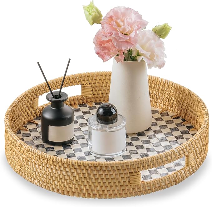 13.8 in Round Rattan Serving Tray with Handle, Mother of Pearl Tray Wooden Base, Decorative Wicker for Table, Kitchen Island & Home Decor (Black Checkerboard)