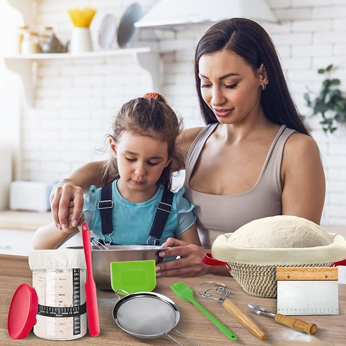 HASHMUST Banneton Bread Proofing Basket Kit, Sourdough Starter Jar Set, 9'' Round 10" Oval Fermentation Bowls Homemade Baking Supplies, Tools with Dough Whisk Cutter Lame Scraper Brush Scraper Bags