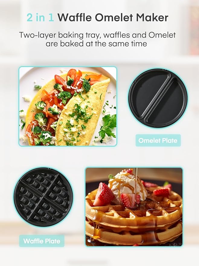 FOHERE 2-in-1 Waffle Maker & Omelette Maker, 1400W Double Belgian Waffle Iron 180° Flip, Adjustable Browning Control, Rotating & Nonstick Pans, Removable Drip Tray, Cool Touch Handle (Mint Green)