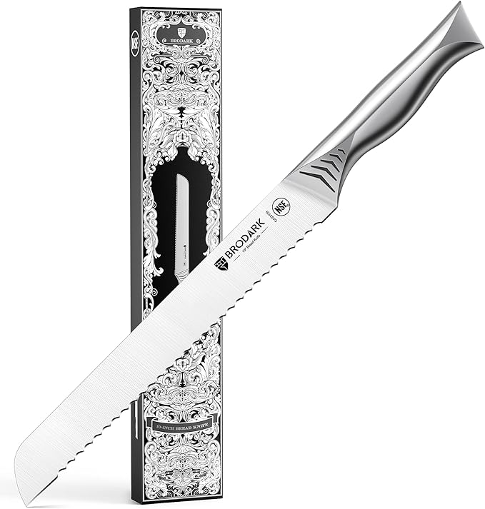 BRODARK Bread Knife - 10" Serrated Knife for Homemade Bread Sourdough - High Carbon Stainless Steel, One Piece Design, Sharp Serrated Edge for Even & Straight Slicing - NSF Certified, Shark Series