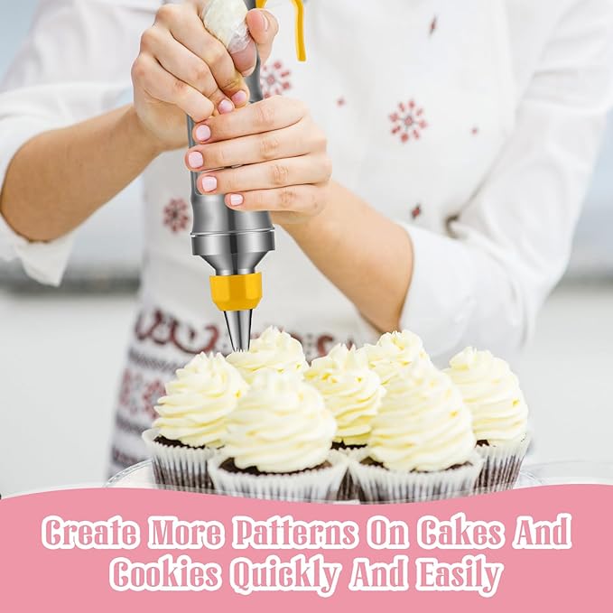 Uiifan 2 Sets Icing Decoration Gun Set Dessert Decorating Decorator Syringe Cake Decorating Tool and 12 Pcs Russian Piping Icing Nozzles Cupcake Filling Injector Cake Tool for Baking(Pink, Yellow)
