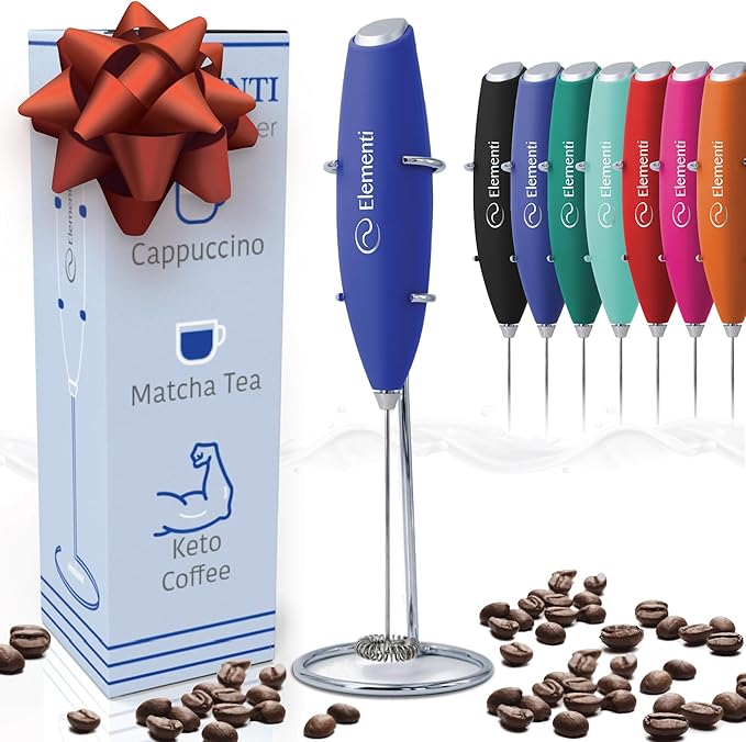 Elementi Electric Milk Frother Handheld - Mini Whisk for Coffee, Matcha and Drinks - Portable Frother & Mixer with Stand - Royal Blue