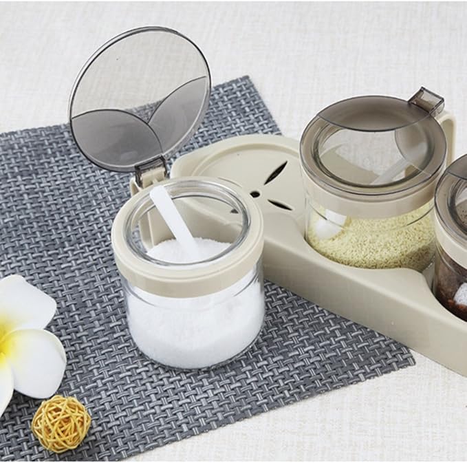TENTA TENTA KITCHEN Gourmet Seasoning Box with Serving Spoons, Spice Jar Set Condiment Cruet Bottle, Kitchen Supplies,Nice Design for Kitchen (glass)
