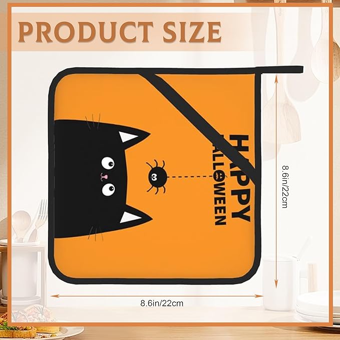 Happy Halloween Pot Holders Set of 2 Heat Resistant Potholders,Black Cat Fire Oven Hot Pads for Kitchen Cooking Baking Barbecue