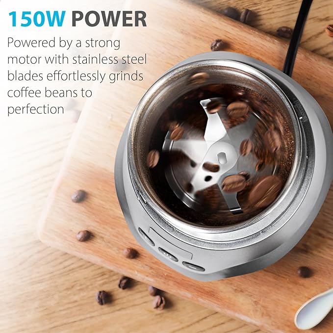 Digital Display Timer Electric Coffee Grinder, 150W Herb Grinder, Large Capacity Up to 12 Cups, Whisper Quiet, Safety Lock Feature, Removable Stainless Steel Cup for Spices, Herbs, Nuts (Silver)
