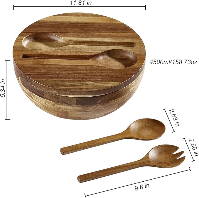 Wooden Salad Bowl, Salad Bowls, Large Salad Bowl with Serving Utensils, Big Mixing Bowl for Fruits, Salad, Cereal, Corn flake, Pasta 11.8" Diameter x 5.34" Height