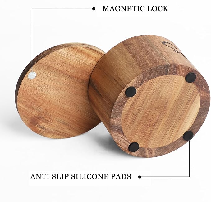 Acacia Wood Spice Box with Swivel Lid and Built-in Spoon for Kitchen Countertop,Farmhouse Kitchen Decoror for Storing Salt, Peppers, Sugar or Seasonings (Labeled “SUGAR”)