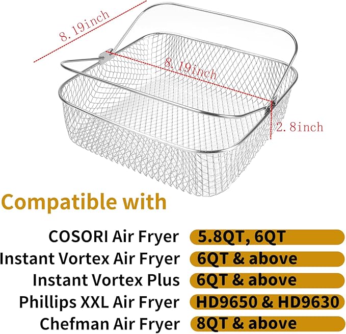 Square Air Fryer Basket for 5.8QT 6QT COSORI Air Fryer Accessories, 304 Stainless Steel Mesh Basket with Handle Replacement Accessory for 6QT Instant Vortex, Instant Vortex Plus, Phillips XXL
