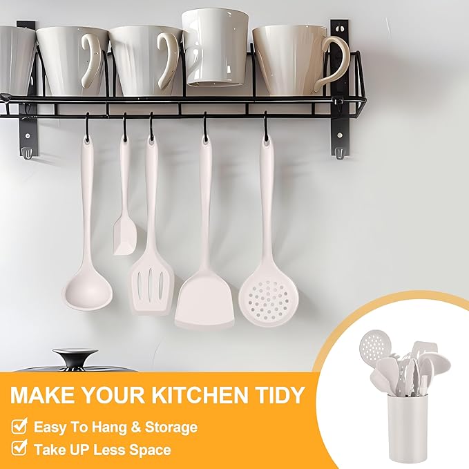 E-far Silicone Cooking Utensils Set, 25 Piece Kitchen Utensils with Holder, Non Toxic Kitchen Tools Spatula, Turner, Spoon, Ladle, Heat Resistant & Dishwasher Safe - Khaki