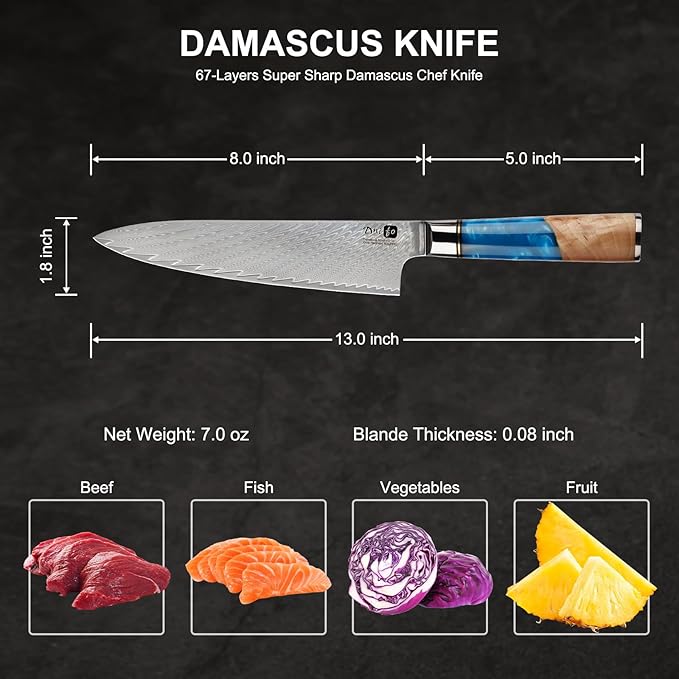 Chef Knife 8 Inch, Damascus VG-10 Steel Sharp Japanese Kitchen Knife with Gift Box and Resin Wood Handle, Ideal Birthday Gift for Men and Women