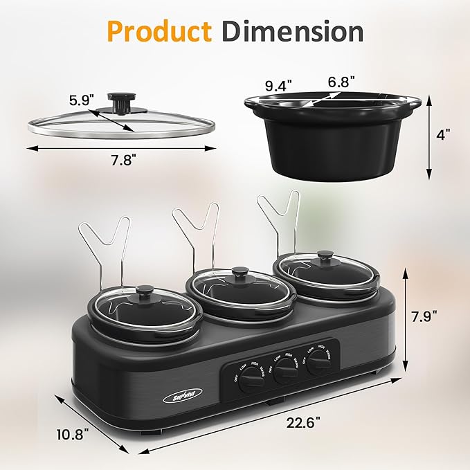 Sunvivi Triple Slow Cooker, Buffet Food Warmer with 3 * 1.5 Quarts Removable Ceramic Pots, Buffet Servers and Warmers with Glass Lids and 3 Spoons, Stainless Steel, Grey