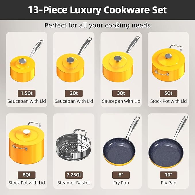 Nuwave Lux 13pc Forged Lightweight Cookware Set PFAS Free, Healthy G10 Duralon Ceramic Coating, Ultra Non-Stick, Stay-Cool Handles, Works on All Cooktops & Induction Ready