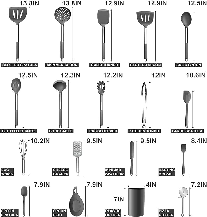 Silicone Kitchen Utensils Set, E-far 30-Piece Cooking Utensils Set with Holder, Heat Resistant Kitchen Spatulas Turner Tong Spoon Whisk Ladle for Nonstick Cookware, Stainless Steel Handle (Gray)