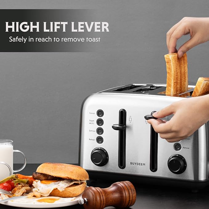 BUYDEEM DT640 4-Slice Toaster, Extra Wide Slots, Retro Stainless Steel with High Lift Lever, Bagel and Muffin Function, Removal Crumb Tray, 7-Shade Settings,Stainless Steel