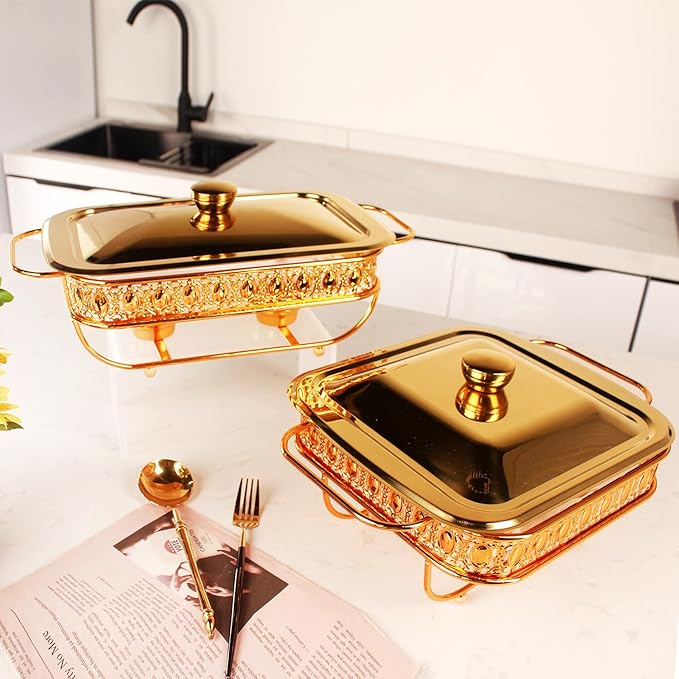 Casserole Dish 6" x 11" Glass Baking Dish with Stainless steel Lid and rack, Golden Rectangle 1.3 Qt Large Baking Pan For Casserole & Lasagna, Microwave Dishwasher Freezer Oven Safe