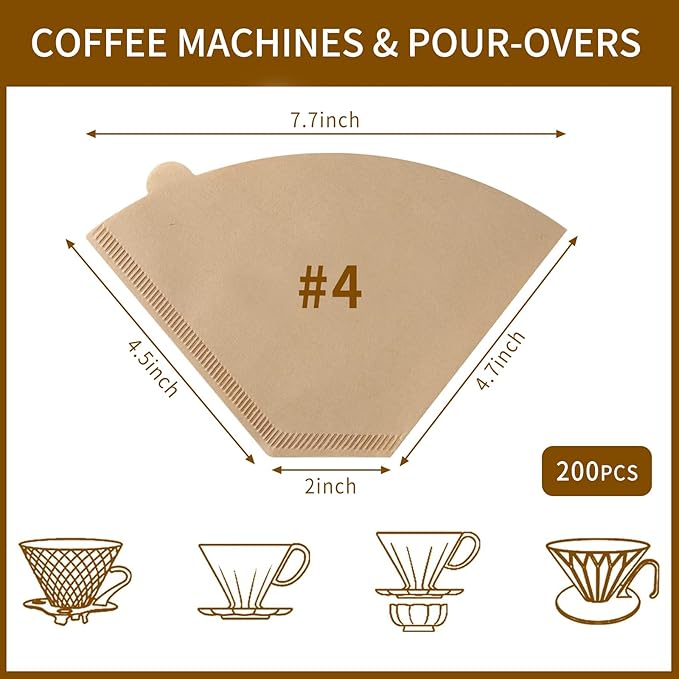 Coffee Filters #4,Cone Coffee Filter 8-12 Cup,200 Unbleached Natural Coffee Filters