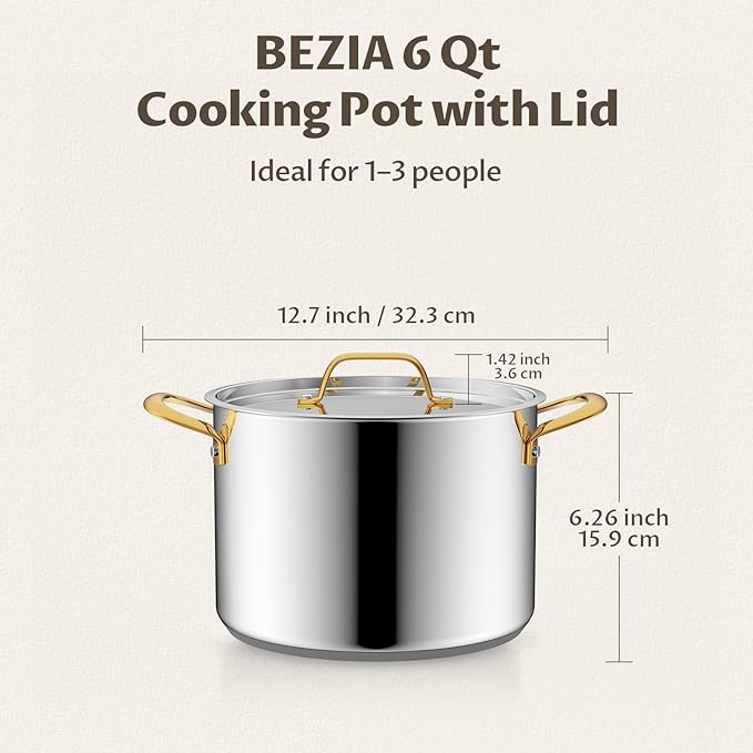 BEZIA 6 Quart Stainless Steel Stockpot with Lid, Induction Compatible Cooking Pots, Triple-Layer Bottom for Even Heat, Pasta & Soup Pot for Cooking, Boiling, Stewing, Dishwasher Safe