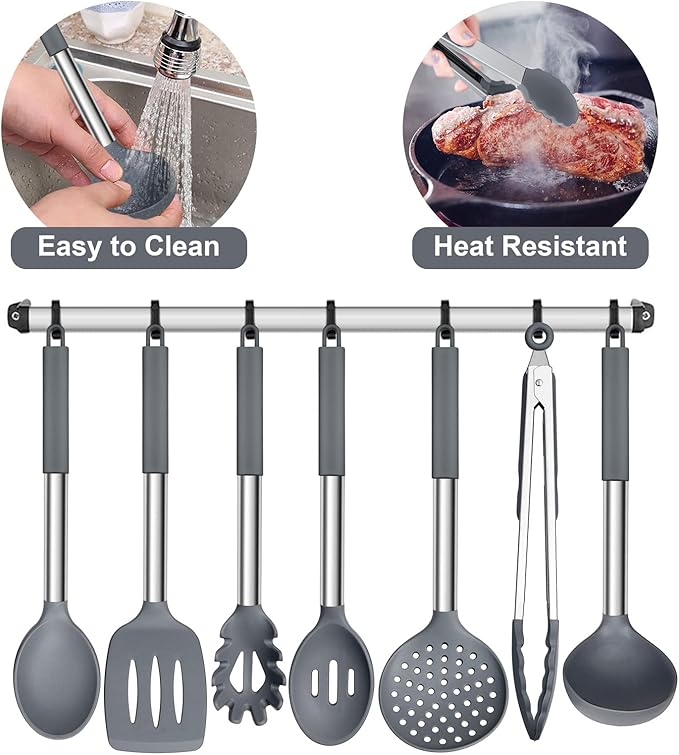 E-far Silicone Cooking Utensils Set, 7 Pcs Heat Resistant Kitchen Utensils with Stainless Steel Handle, Slotted Turner, Spoon, Soup Ladle, Pasta Server, Skimmer, Tongs for Nonstick Cookware, Gray