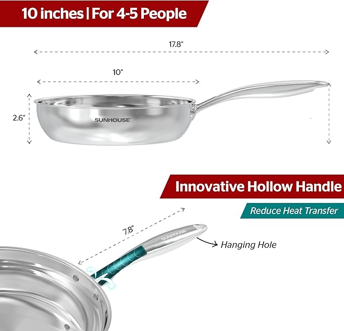 Sunhouse 10 Inch 18/10 Chef Series Stainless Steel Frying Pan, Tri-Ply Stainless Steel Construction, PFOA-FREE, Stay-Cool Handle, Induction Compatible with All Cooktops, Dishwasher Safe