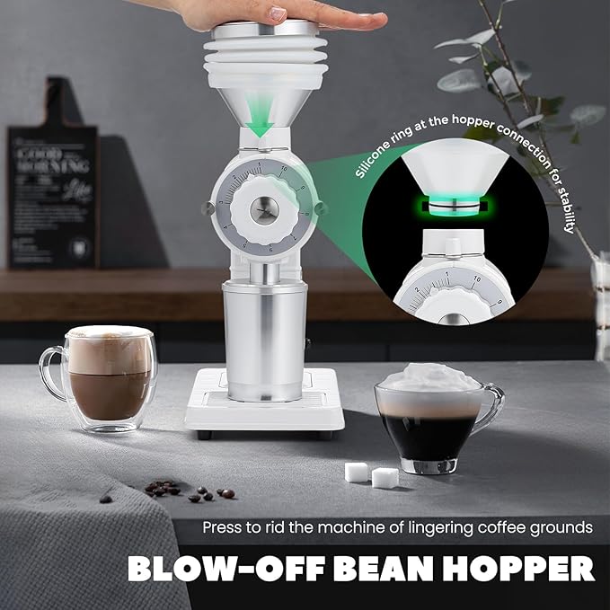 Huanyu Espresso Grinder with Titanium Flat Burr Electric Coffee Grinder with Hopper Bellows 10 Precise Grind Setting Coffee Grinders for Home Use White