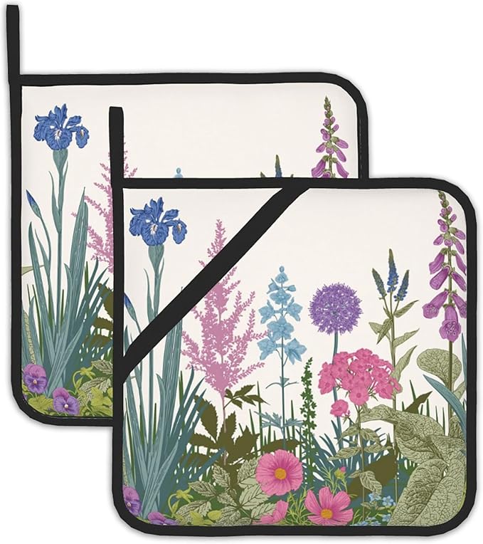 Weed Pot Holder Set of 2,Herbs and Wild Flowers Kitchen Heat Resistant Potholder for Women Men BBQ Cooking Baking