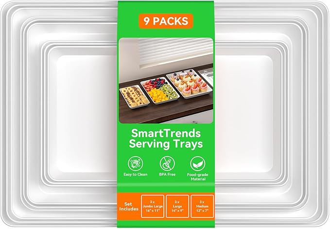 9-Pack Serving Tray for Parties, Serving Platter in 3 Sizes for Entertaining, Camping & Food Display, Plastic Trays for Cookies, Dessert, Stackable Rectangular Platters for Family(White)