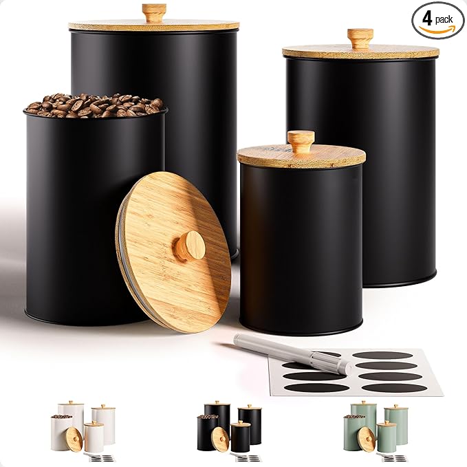 Kitchen Canisters for Countertop Set of 4 with Customizable Chalkboard Labels & Marker Pen - Big Iron Kitchen Canisters with Airtight Lids - Black Canister Set - Flour and Sugar Containers Farmhouse