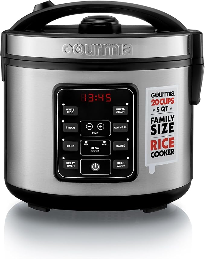 Gourmia Rice Cooker – 5 Qt Capacity, 20 Cup Cooked, 10 Cup Uncooked, Digital Controls, 6 Cooking Presets, Grain Cooker & Steamer, Nonstick Pot, Steam Tray, Delay Timer, Keep Warm, Stainless Steel