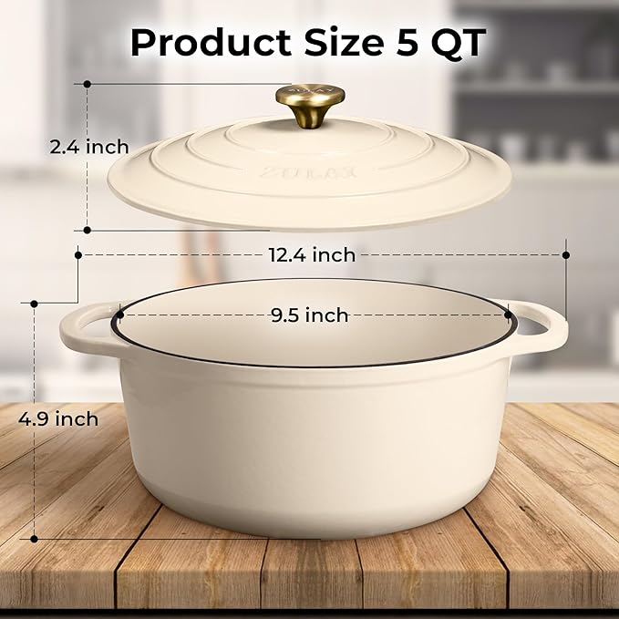Zulay Kitchen 5 Quart Enameled Cast Iron Dutch Oven with Lid,Silicone Trivet & Heat Pad – Premium Durability & Oven Safe up to 500°F – Heavy Duty Cookware Perfect for Bread Baking, Stews, Braising & Roasting – Ivory