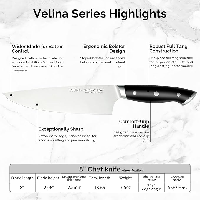 8” Chef Knife – Razor Sharp German Steel DIN1.4116 – All-Purpose Kitchen Knife for Slicing, Dicing & Chopping – Full Tang & Ergonomic Handle – Home Essential Kitchen Knife – Gift Box – Velina series