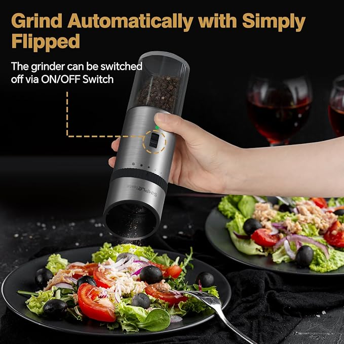 SIMPLETASTE Gravity Electric Pepper Mill and Salt Grinder Set Rechargeable with LED Light, Stainless Steel Body, Adjustable Coarseness for Pepper and Salt, gift to Men/Women