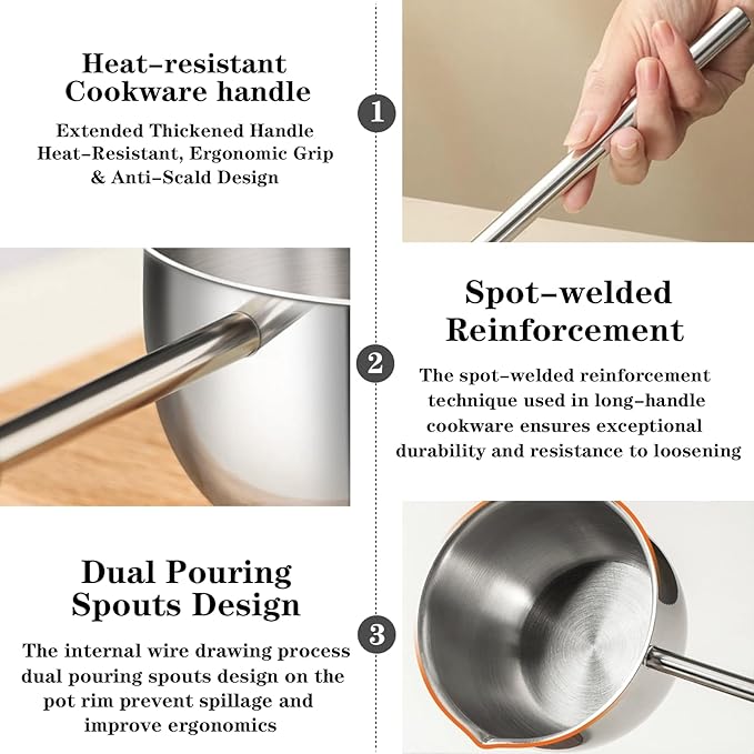 Mini Butter Warmer Pot, Milk Pot with Long Handle Sauce Pan with Pour Spout, Butter Melting Pots with Silicone Spatula for Chocolate,Candy,Coffee Tea Soup, 500ML, Silver