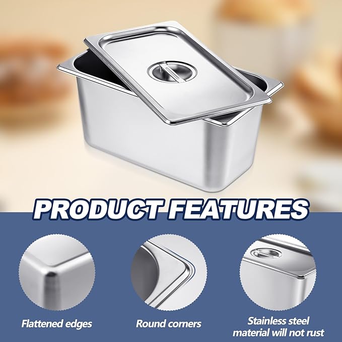 Mifoci 4 Pack Stainless Steam Hotel Pan with Lid, 1/3 Size x 6 Inch Deep Table Steam Pan Restaurant Supplies Reusable Anti Rust Catering Storage for Home, Party, Restaurant, Hotel, Buffet