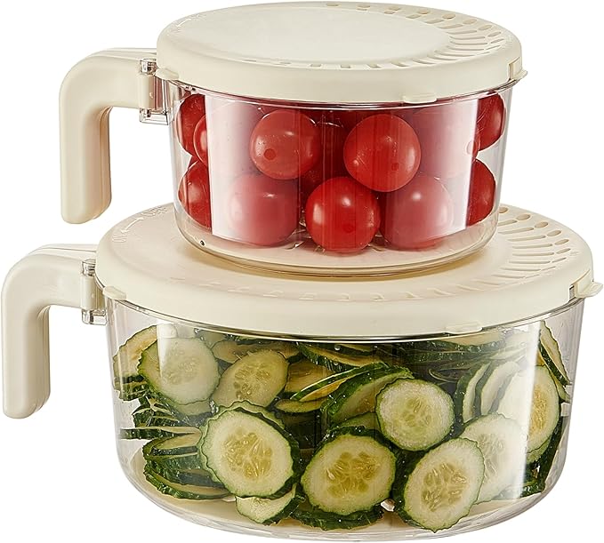 Fruit Washing Bowl with Strainer,Colander for Kitchen,Multi-Functional Vegetable and Food Drainer with Lid And Handle,Portable Fruit Containers for Fridge,BPA Free,2 Set