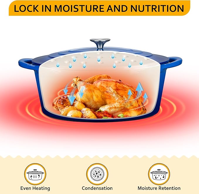 Velaze 7.5 QT Enameled Oval Dutch Oven Pot with Lid, Cast Iron Dutch Oven with Dual Handles for Bread Baking, Cooking, Frying, Non-stick Enamel Coated Cookware(Blue)