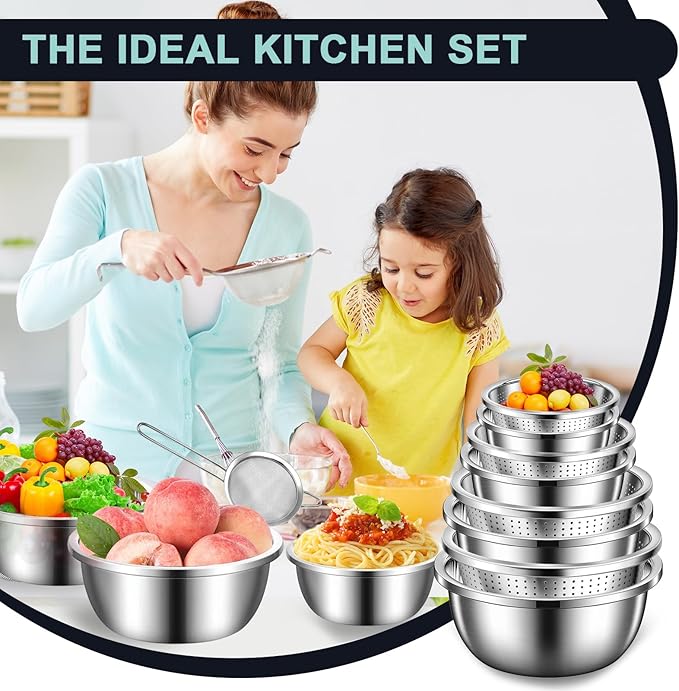 8+1 Stainless Steel Colander Set with Mixing Bowl, 4 Sizes (1.8QT, 2.3QT, 3QT, 4QT) with 1 Mesh Strainer, for Washing Rice, Fruits, Vegetables, Draining Pasta, Meat, and Spaghetti