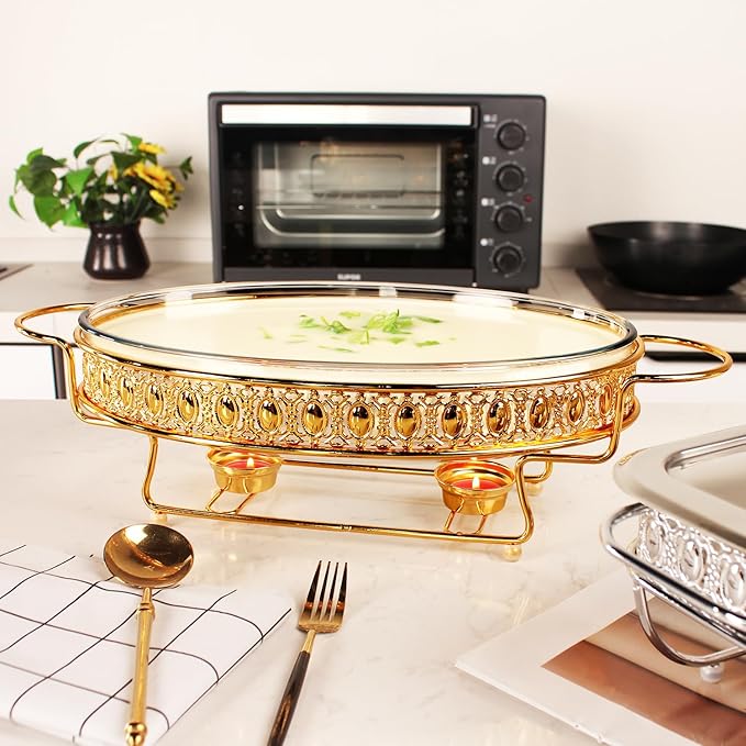 Casserole Dish 13" x 9" Glass Baking Dish with Stainless steel Lid and rack, Golden oval 2.5 Qt Large Baking Pan For Casserole & Lasagna, Microwave Dishwasher Freezer Oven Safe