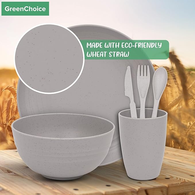 Wheat Straw Dinnerware Sets for 4 - GreenChoice Lightweight & Unbreakable Dishes Microwave & Dishwasher Safe Perfect for Camping, Picnic, RV, Dorm Plates, Cups and Bowls (Gray)