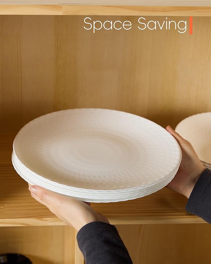 10.5 inch Dinner Plate Set of 6, Light and Durable Opal Glass Geometric Faceted White Dinnerware Plates, Dishwasher and Microwave Safe