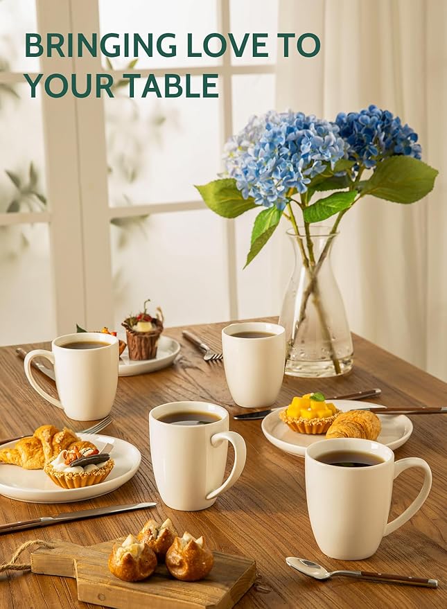 Sweese Porcelain Mugs - 12 Ounce for Coffee, Tea, Mocha and Mulled Drinks - Set of 6, White