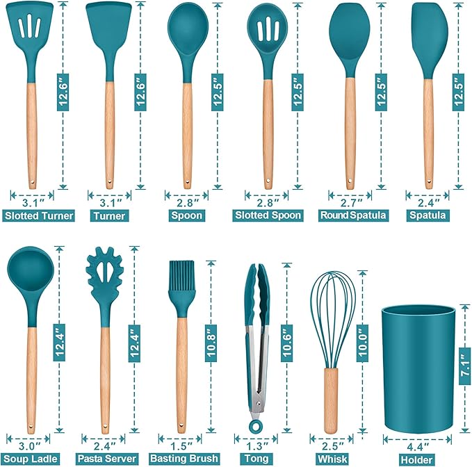P&P CHEF Silicone Cooking Utensils Set, 12PCS Kitchen Utensils Set with Wooden Handle for Nonstick Cookware, Ladle, Spoon, Spatula, Tong, Heat-resistant & Non-scratch, Non Smell & Healthy, Blue