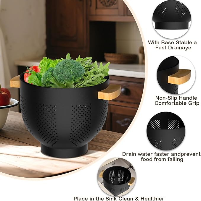 Colander for Kitchen, 6 QT Metal Colander with Wood Handle, Essentials Kitchen Gadgets Strainers and Colanders Food Strainer Basket for Draining Pasta Strainer, Vegetable & Fruit, Black
