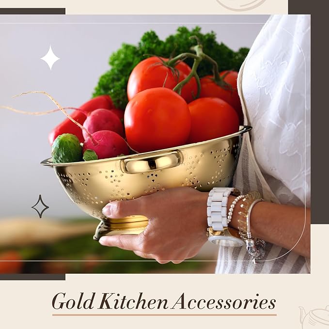 3 Pcs Gold Colander Set 1/2.5/4 Quart Stainless Steel Colander Gold Strainer Basket with Handles Kitchen Strainer for Draining Spaghetti Pasta, Rinsing Vegetables or Fruits