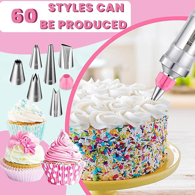 Dessert Decorating Syringe Set, Frosting Piping Kit icing piping kit Food Grade Stainless Steels (6 pro piping tips shooters 50 disposable piping bags) For Baking, Decorating Cupcake, Deviled Eggs