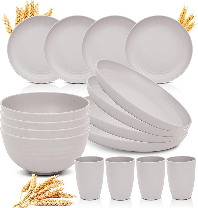 Wheat Straw Dinnerware Sets for 4 - GreenChoice Lightweight & Unbreakable Dishes Microwave & Dishwasher Safe Perfect for Camping, Picnic, RV, Dorm Plates, Cups and Bowls (Gray)