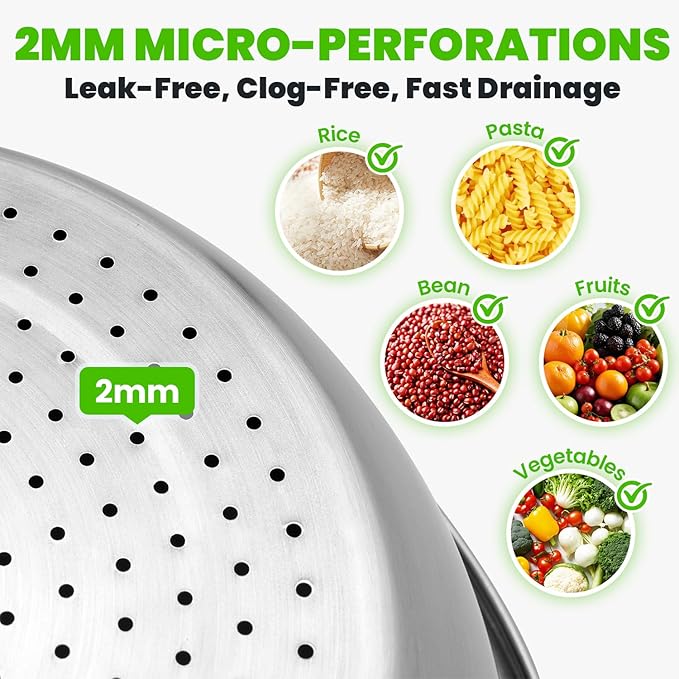 304 Stainless Steel Colander with Food-Grade Silicone Self-Draining Base, Coinicxcel 5QT Colander Strainer for Kitchen, Pasta Strainer for Washing Rice, Spaghetti, Vegetables, Fruit, Dishwasher Safe