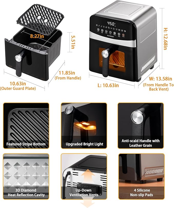 Stainless Steel Air Fryer Ceramic Coat Basket Non Toxic Metal Cavity 6 QT Compact for 2-3 PAX, DAYBEST Dual Heats Airfryer 450°F 12 in 1, Dishwasher Safed Pot, Plate, Rack & Liner (Stainless Steel)