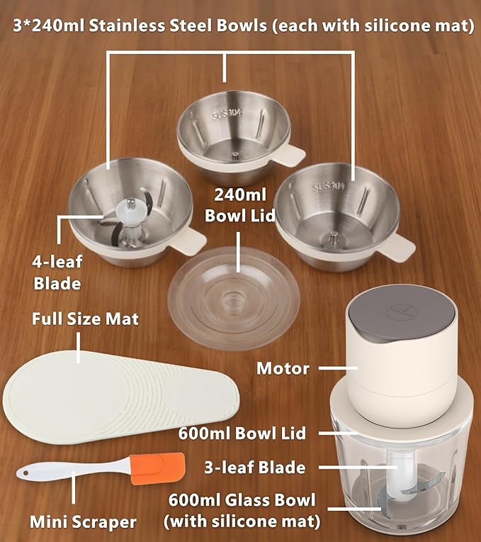 4-in-1 Small Food Processor Cordless Set with 600ml Glass Bowl, 3*240ml Stainless Steel Bowls and 3+4 Blades, USB-C Rechargeable Battery Mini Meat Vegetable Chopper, Electric Kitchen Blender Wireless