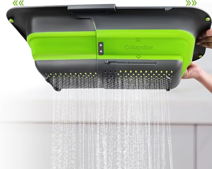 ROTTOGOON 7Qt Collapsible Colander Strainer, Expandable Over the Sink Colander, Adjustable Silicone Kitchen Sink Strainer, Foldable Large Colanders Basket to Wash Vegetable, Fruit, 15" to 19.8", Green